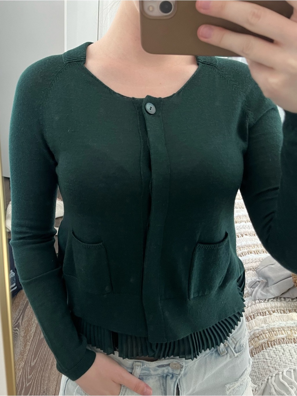 Seventy Dark Green Lightweight Button Cardigan with Pleats